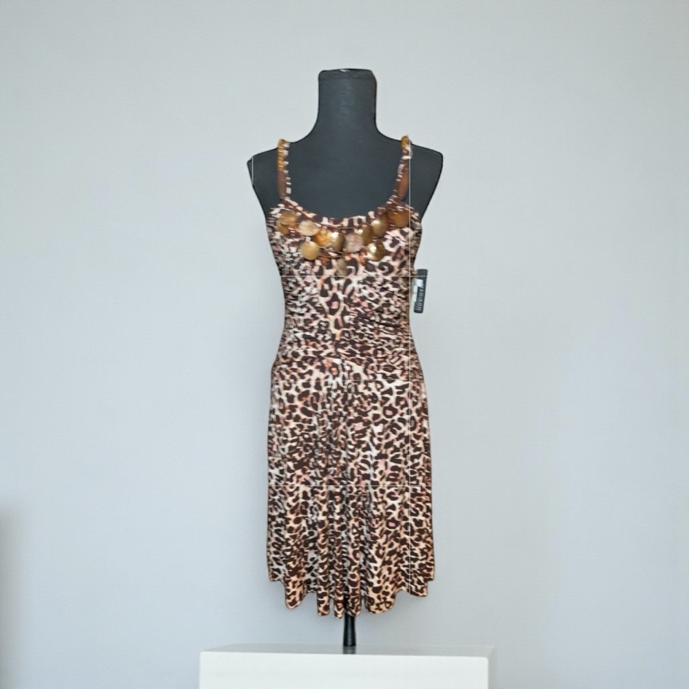Madison Leopard Print Midi Dress Size 8 NWT | Ruched Bodice, Beaded Neckline, - Picture 3 of 8